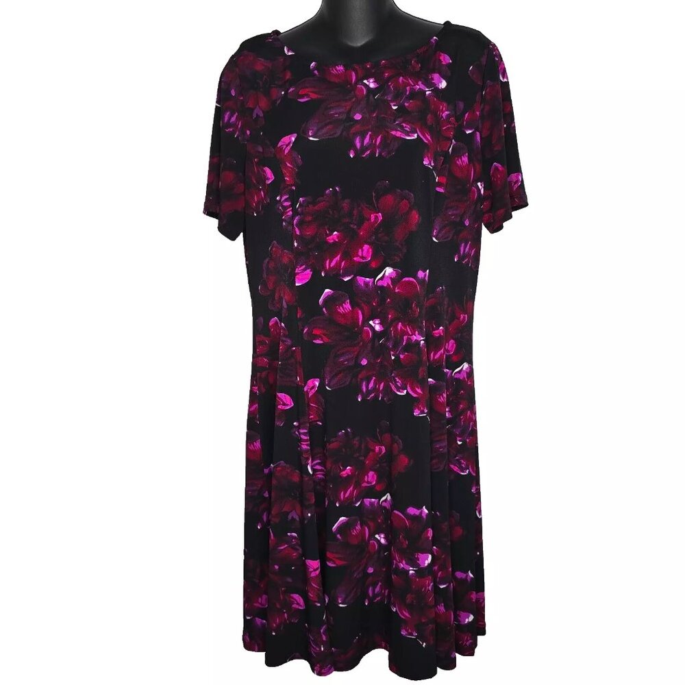 Roz & Ali Dress Size Large Purple Black Floral Pullover Short Sleeve Knee Length